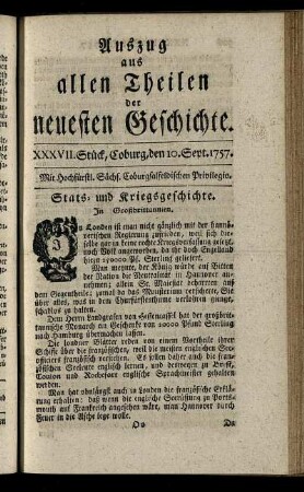XXXVII. Stück, Coburg, den 10. Sept. 1757.