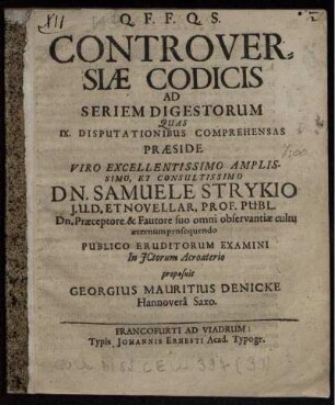 Controversiae Codicis Ad Seriem Digestorum