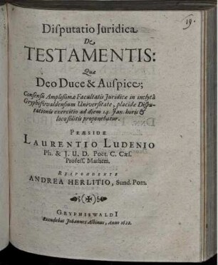 Disputatio Iuridica De Testamentis