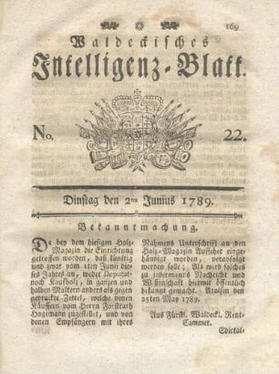 No. 22, Dinstag den 2ten Junius 1789