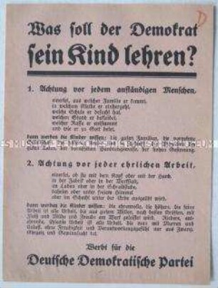 Propagandaflugblatt der DDP zur politischen Erziehung der Kinder