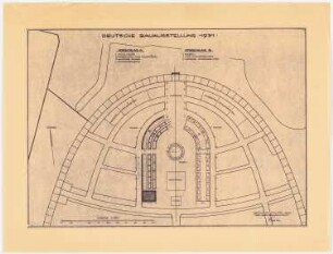 Freigelände der Deutschen Bauausstellung 1931, Berlin-Charlottenburg: (Lichtpause von Inv.-Nr. 41252): Synopse zweier Gestaltungsvarianten (Grundriss) für den Freiraum des Ausstellungsgeländes 1:500, Maßstabsleiste, Legenden