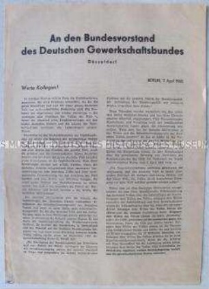 Flugblatt mit dem Wortlaut eines Briefes des FDGB-Bundesvorstandes an den Bundesvorstand des DGB