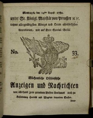 No. 33. Montags, den 14ten August 1780.