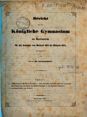 Bericht : über das Schuljahr .... 1873/74