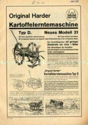 Original Harder Kartoffelerntemaschine Typ D. Neues Modell 31