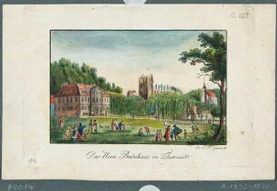 Ansicht des Bades (Kaltwasser-Heilanstalt), der Burgruine und der Stadt- und Bergkirche in Tharandt