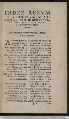 Index Rerum Et Verborum Memorabilium, Qua In Hoc Tractatu Negusantii De Pignoribus & Hypothecis continentur