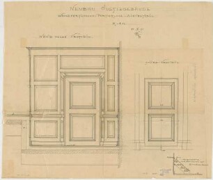 Thiersch, Friedrich von; München; Justizpalast - Wandvertäfelung in der Portierloge im Südvestibül (Ansichten); Holztreppe (Schnitt)