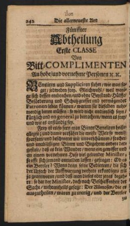 Fünffter Abtheilung Erste Classe Von Bitt-Complimenten An hohe/ und vornehme Personen ...