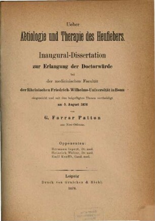 Ueber Aetiologie und Therapie des Heufiebers : Bonner Inaugural-Dissertation