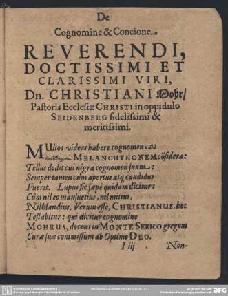 De Cognomine & Concione Reverendi Doctissimi Et Clarissimi Viri Dominus Christiani Mohr