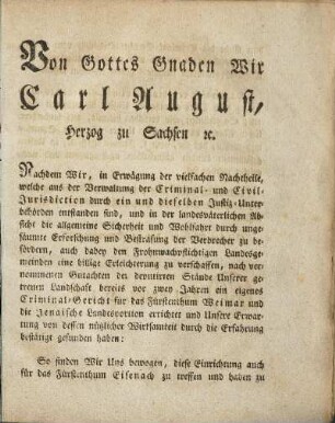 Von Gottes Gnaden Wir Carl August, Herzog zu Sachsen etc.