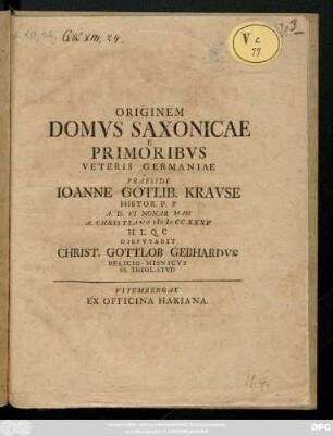 Originem Domvs Saxonicae E Primoribvs Veteris Germaniae