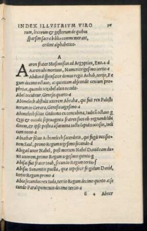 Index Illustrium Virorum, locorum et gestorum de quibus sparsim sacra biblia commemorant, ordine alphabetico.