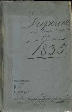 Kirchenbuchduplikate der Stadt- und Landgemeinde Ibbenbüren und den Gemeinden Brochterbeck, Halverde, Hopsten, Ibbenbüren, Mettingen, Recke und Schale, Kreis Tecklenburg (GHT 1835). (Gemeinde: Ibbenbüren)