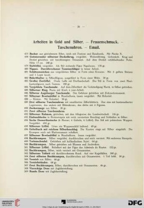 Arbeiten in Gold und Silber – Frauenschmuck – Taschenuhren – Email (Nr. 477-562)