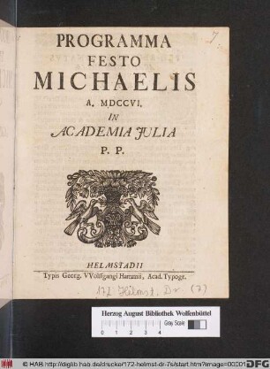 Programma Festo Michaelis A. MDCCVI. In Academia Julia P. P