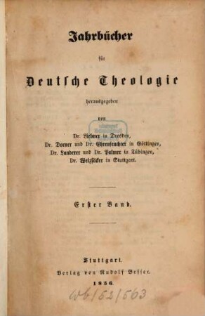 Jahrbücher für deutsche Theologie, 1. 1856