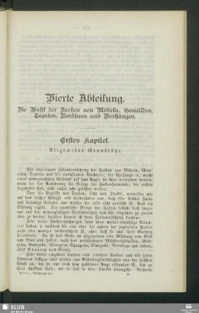 Vierte Abteilung. Die Wahl der Farben von Möbeln, Gemälden, Tapeten, Bordüren und Vorhängen