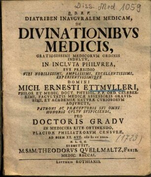Diatriben Inavgvralem Medicam, De Divinationibvs Medicis