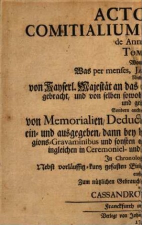 Actorum Comitialium Publicorum de Anno ... Tomus ..., 1743,1