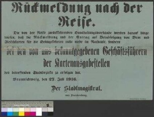 Bekanntmachung des Stadtmagistrats Braunschweig zur Rückmeldung und Beantragung von Brotkarten und Fleischkarten nach der Reiserückkehr im Sommer 1916