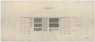 Gsaenger, Gustav; München; Stadtmuseum, Erweiterung - Erweiterung, Tektur, Nordostseite Hof (Ansicht), Oberer Anger - Nieserstr. Endzustand (Schnitt)