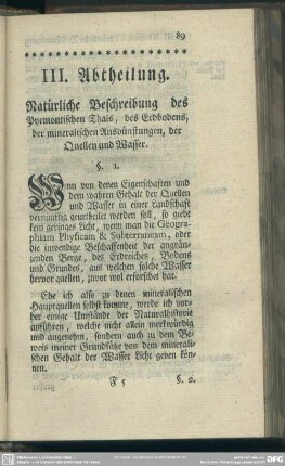 III. Abtheilung. Natürliche Beschreibung des Pyrmontischen Thals, des Erdbodens, der mineralischen Ausdünstungen, der Quellen und Wasser