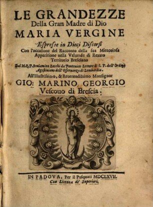Le grandezze della gran madre di Dio Maria vergine