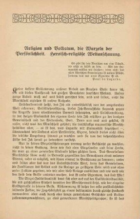 Religion und Volkstum, die Wurzeln der Persönlichkeit. Heroisch-religiöse Weltanschauung