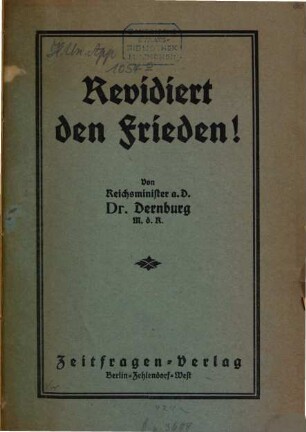 Revidiert den Frieden! : [Rede gehalten im Deutschen Reichstag am 5. November 1920]