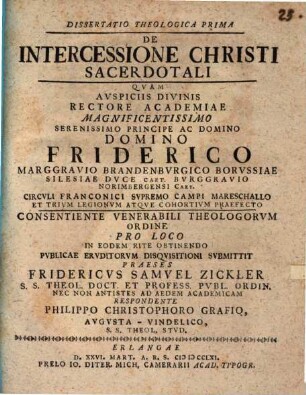 Dissertatio theologica de intercessione Christi sacerdotali, 1. ... respondente Philippo Christophoro Grafio. 1761. 42 S.
