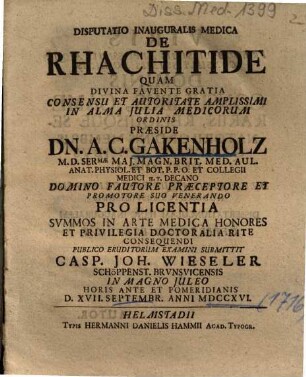 Disputatio Inauguralis Medica De Rhachitide
