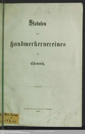 Statuten des Handwerkervereins zu Chemnitz