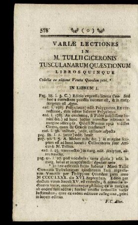 Variae Lectiones in M. Tullii Ciceronis Tusculanarum Quaestionum Libros Quinque.