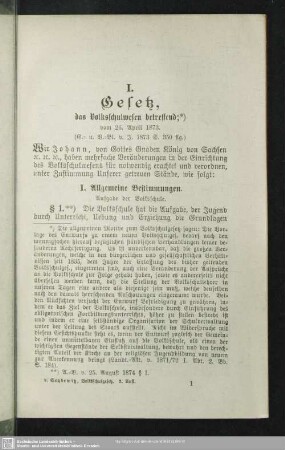 I. Gesetz, das Volksschulwesen betreffend