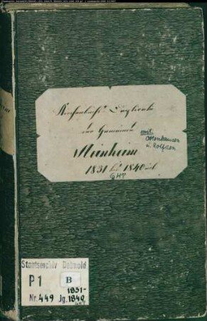 Kirchenbuchduplikat der katholischen Gemeinde Steinheim, Kreis Höxter (GHT 1831-1840). (Gemeinde: Katholische Gemeinde Steinheim)