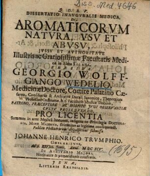 Dissertatio Inavgvralis Medica, De Aromaticorvm Natvra, Vsv Et Abvsv