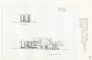 Max Reinhardt Theater und Schauspielschule, Berlin-Tiergarten (Diplomarbeit bei Peter Poelzig): Ansichten von Osten, Norden und Schnitt 1:200