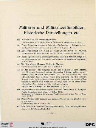 Militaria und Militärkostümbilder. Historische Darstellungen (Nr. 556-588)