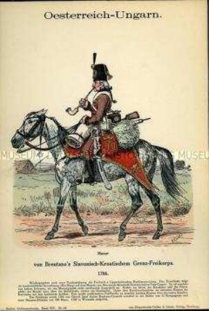 Uniformdarstellung, Husar des Slawonisch-Kroatischen Grenz-Freikorps "Brentano-Cimaroli", Kaiserreich Österreich-Ungarn, 1786.