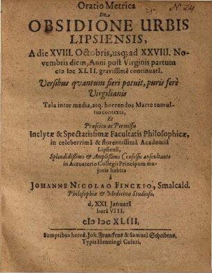 Oratio metrica de obsidione urbis Lipsiensis A. 1642