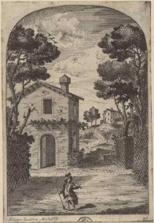 Bühnenbild für die Oper „Il Ciro“ von Alessandro Scarlatti im Teatro Ottoboni des Palazzo della Cancelleria in Rom im Jahr 1712 (Akt 2, Szene 5: Das Haus von Sandane)
