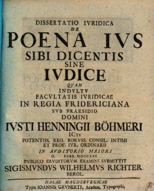 Dissertatio Ivridica De Poena Ivs Sibi Dicentis Sine Ivdice