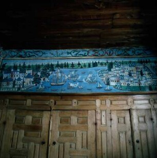 Salamis. Ambelákia, Archontikon Svarts. Paneelfresko von der goldenen Stadt Byzanz im Herrenzimmer