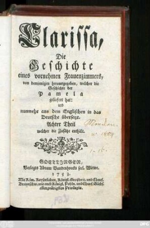 Theil 8: Clarissa, Die Geschichte eines vornehmen Frauenzimmers