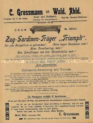 Werbeprospekt der Firma C. Grossmann für das Gardinenaufhängungssythem "Triumph"; Wald, Nov. 1904