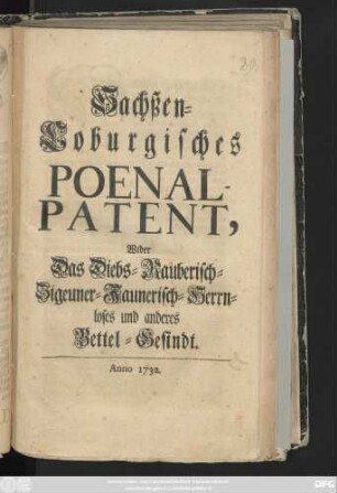 Sachßen-Coburgisches Poenal-Patent, Wider Das Diebs- Rauberisch- Zigeuner- Jaunerisch- Herrnloses und anderes Bettel-Gesindt