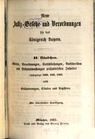 Neue Justiz-Gesetze und Verordnungen für das Königreich Bayern. 2. 1860/62 (1863)